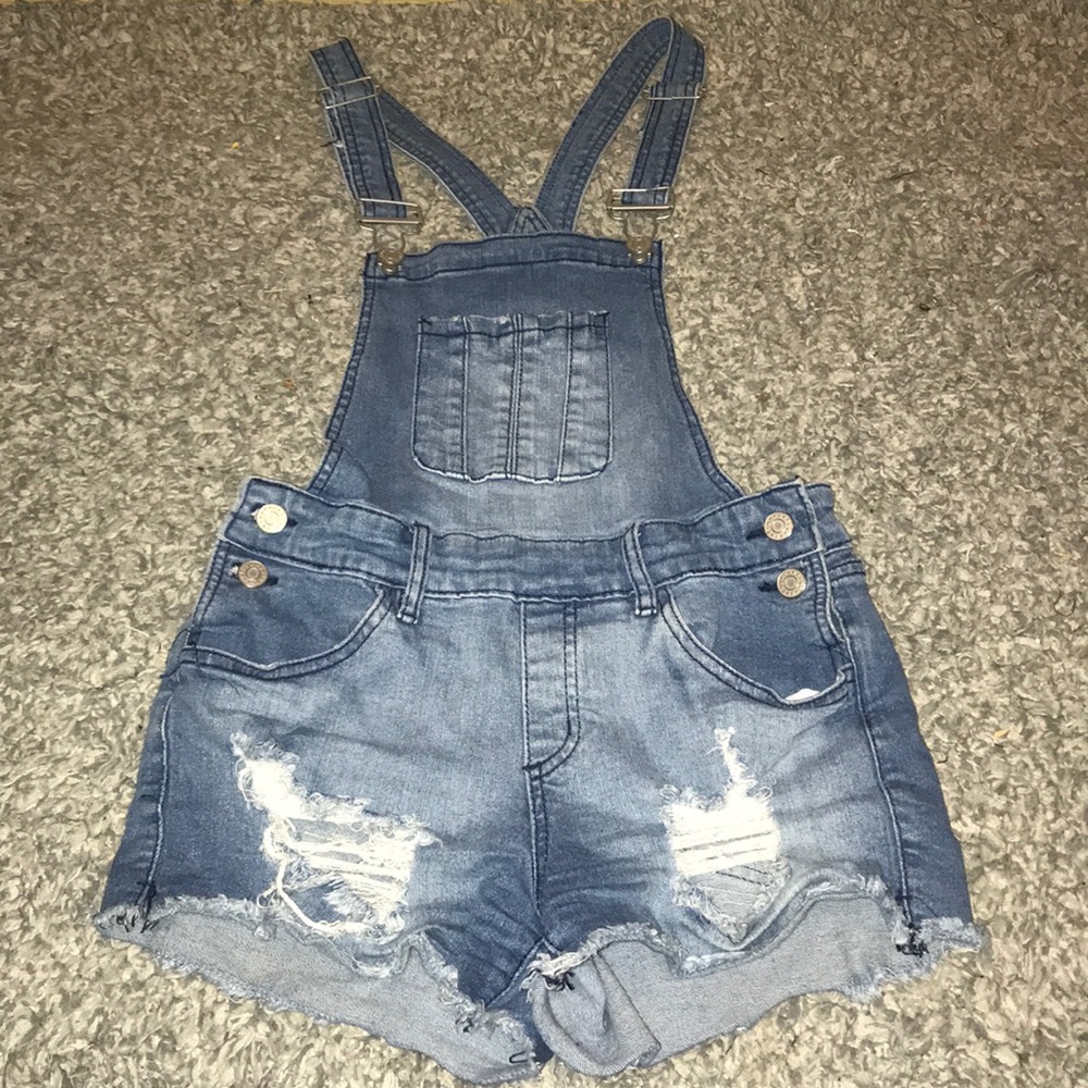 Semi-Distressed ‘Denim’ Overall Shorts